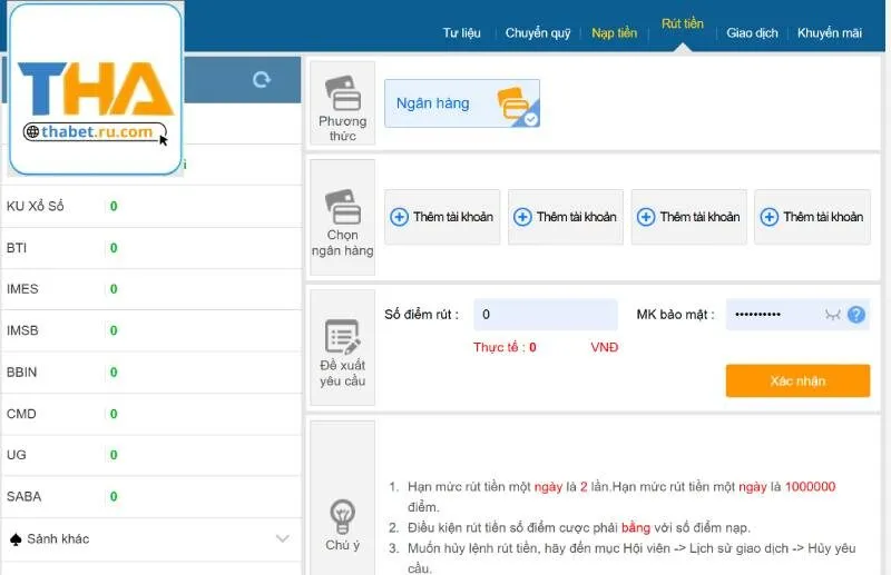 Thông tin rút thưởng tại Thabet 