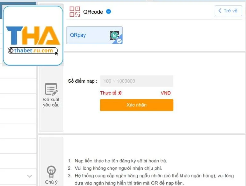  nạp tiền tài khoản Thabet qua QR Code 